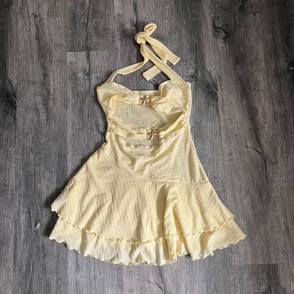 SHEIN Yellow Halter Cutout Ruffle Mini Dress Gold Hardware M